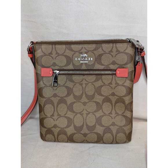 NWOT Coach Mini Rowan File Bag In Signature Canvas COLOR:Silver/Khaki/Tangerine - Picture 1 of 9